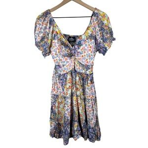 Angie LARGE Smocked Bohemian Tiered Floral Puff Sleeve Front Tie Rayon Tunic